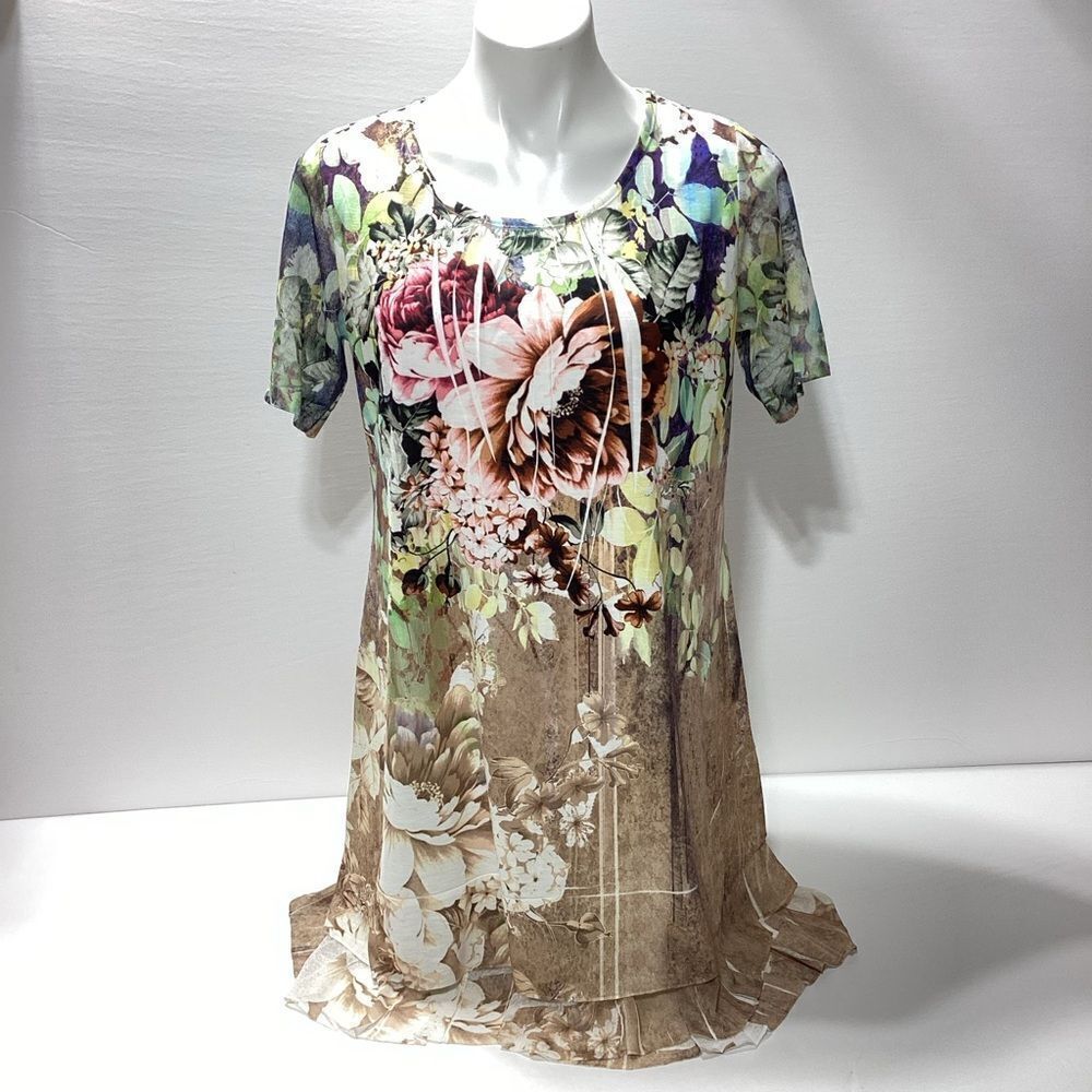 Clothes Head Floral Dress Mini Wide Neck Lined Layered Hem Sheer Short Sleeve M